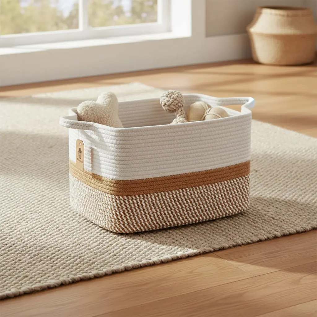 scandi caramel white cotton rope dog toy basket