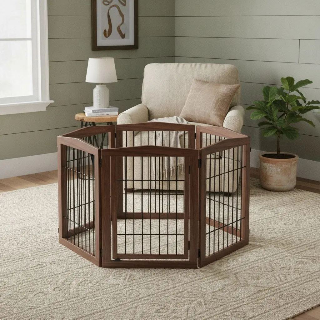 Elegant freestanding dark wood and wire dog gate in a modern farmhouse living room