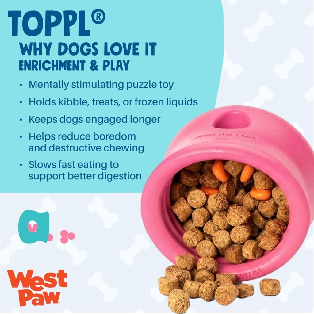 Pink West Paw Toppl product infographic explaining puppy mental stimulation and enrichment benefits