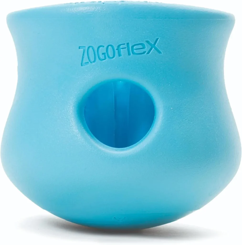 Teal blue West Paw Zogoflex Toppl interactive puzzle toy for teething puppies.
