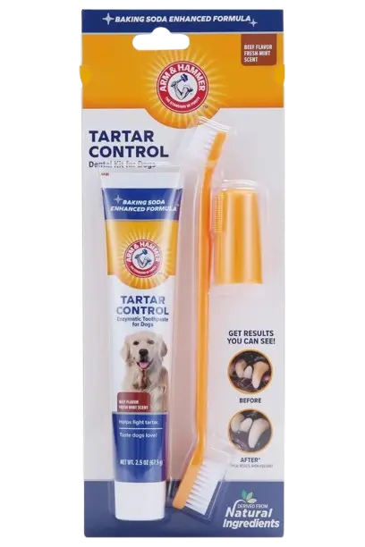 Arm & Hammer enzymatic dog toothpaste and brush kit to help clean teeth and fix when your dog breath smells like fish