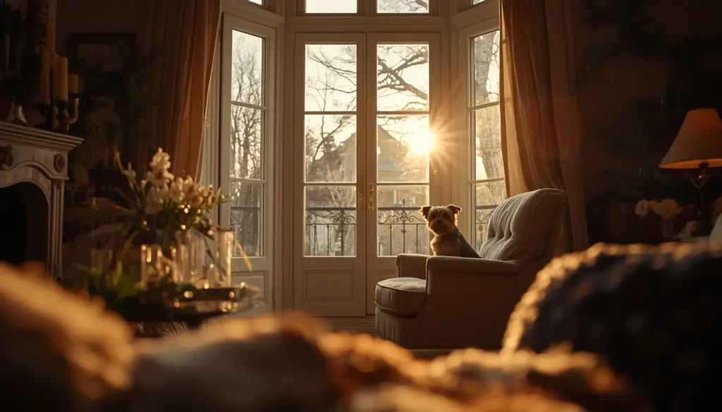 A beautiful, sunlit living room with a sweet Yorkshire Terrier sitting on an armchair, waiting patiently by the window.