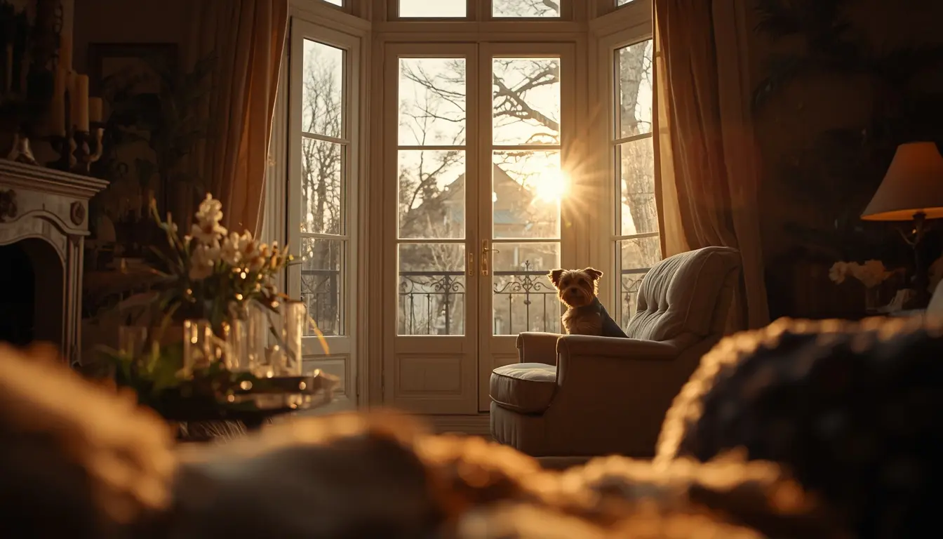 A beautiful, sunlit living room with a sweet Yorkshire Terrier sitting on an armchair, waiting patiently by the window.