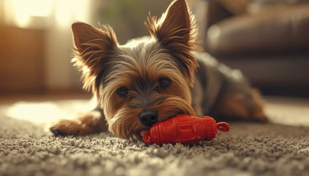 A calm Yorkshire Terrier fully distracted by a red chew toy on a rug, an excellent tool for dog separation anxiety getting worse.
