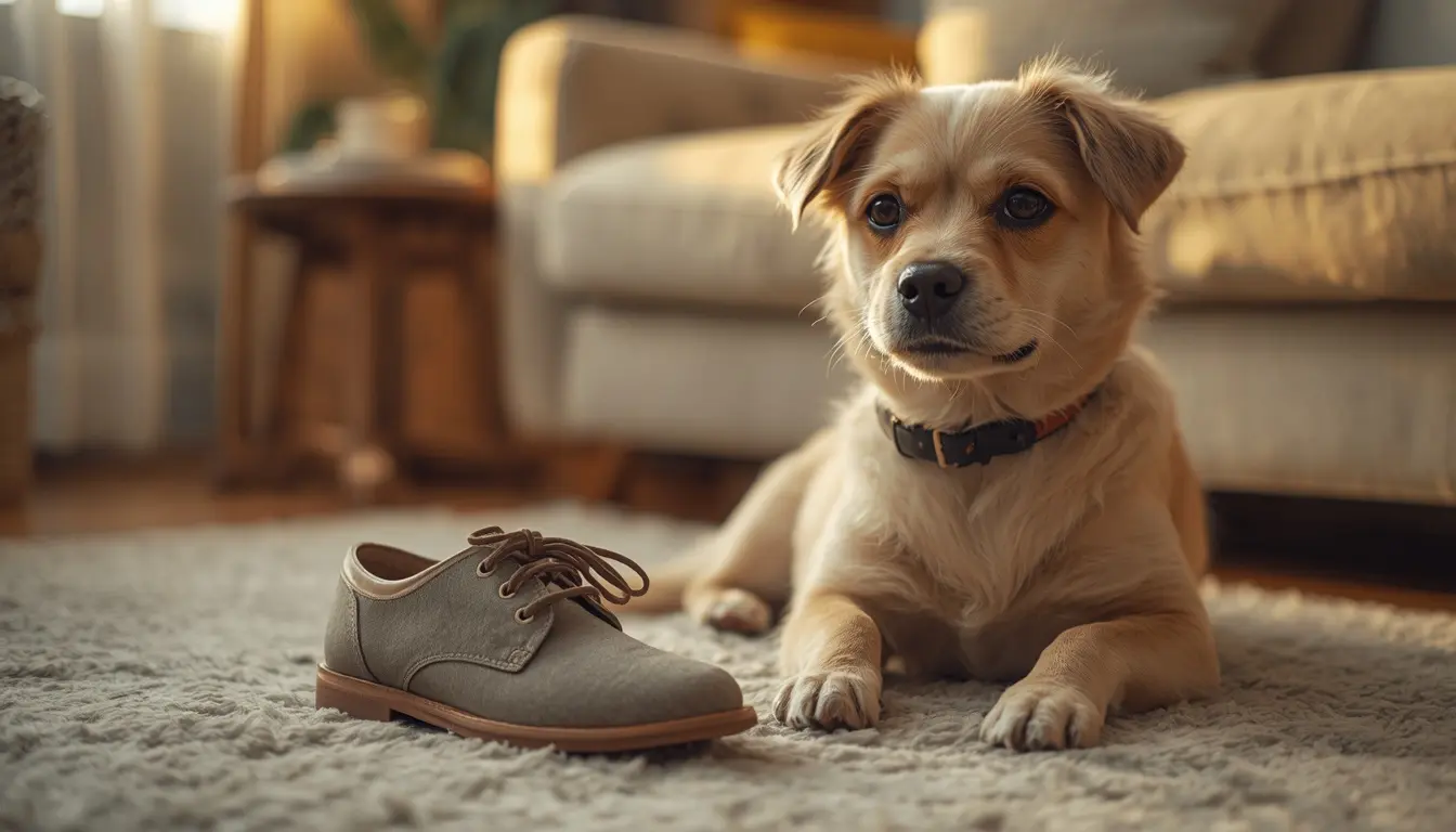 A cute puppy sitting calmly next to a shoe on a cozy living room rug, representing dog separation anxiety versus boredom.