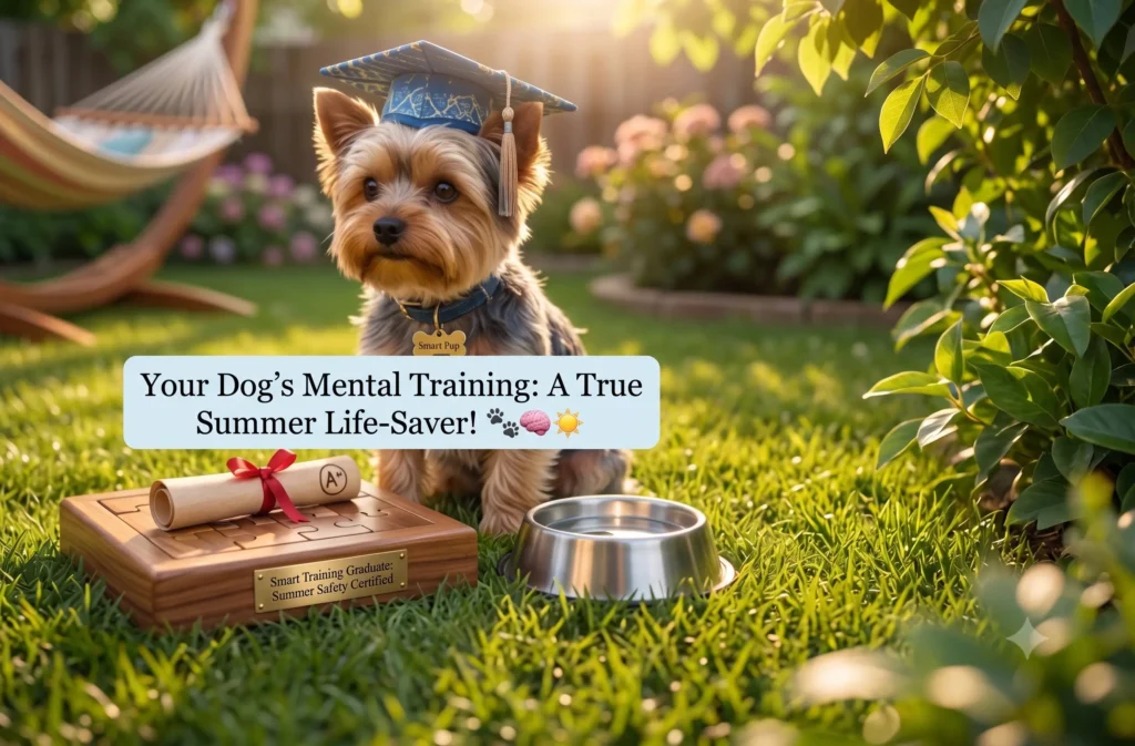 A smart Yorkshire terrier wearing a graduation cap sitting on grass next to a mental training certificate, promoting canine obedience.