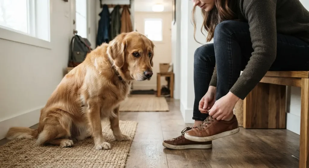 A Golden Retriever watching its owner put on shoes, recognizing common dog departure cues.