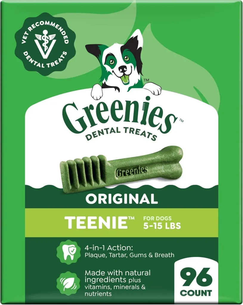 Greenies dental treats to help fix bad dog breath and clean teeth for all dog sizes.