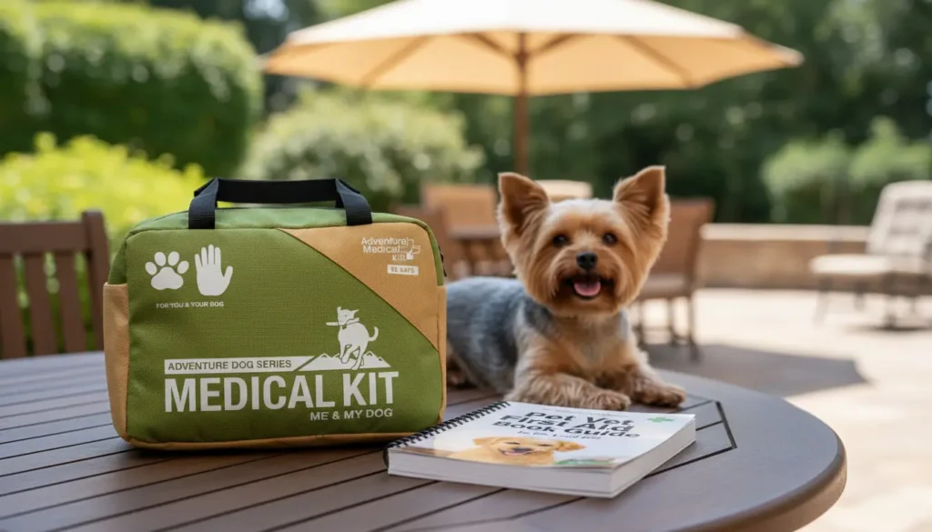A cute Yorkshire Terrier resting next to a green pet first-aid kit and a vet guide book on an outdoor summer patio table