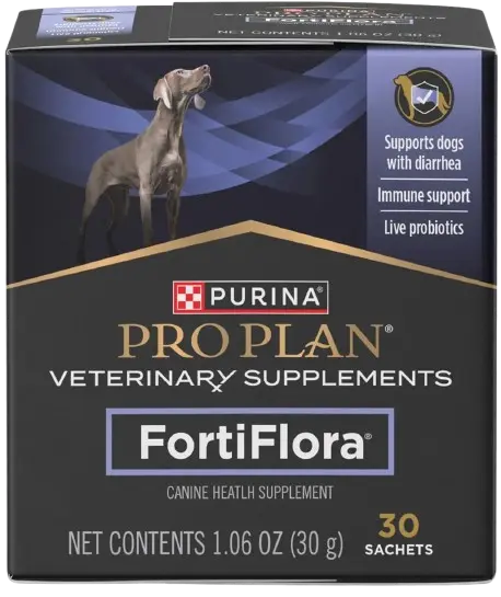 Purina Pro Plan FortiFlora canine probiotic powder to heal the gut and cure when your dog breath smells like fish