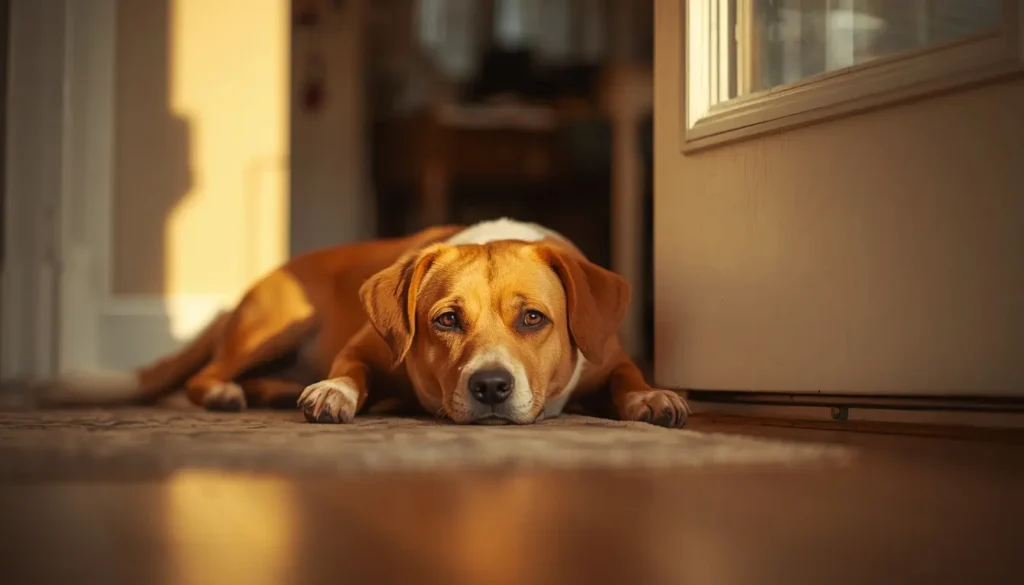 A sweet dog lying patiently on the floor looking directly at the camera, showing signs of dog separation anxiety getting worse.
