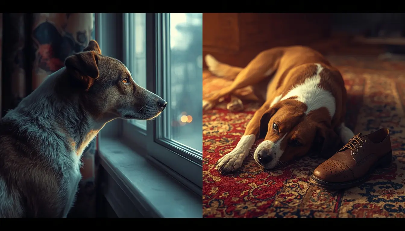 The difference between separation anxiety and boredom in dogs, showing an anxious dog at the window and a bored dog resting near a shoe.