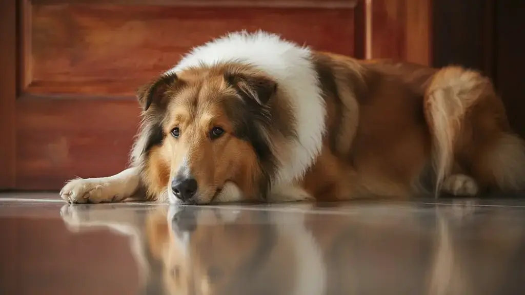 A calm dog lying on the floor showing signs of boredom rather than separation anxiety.