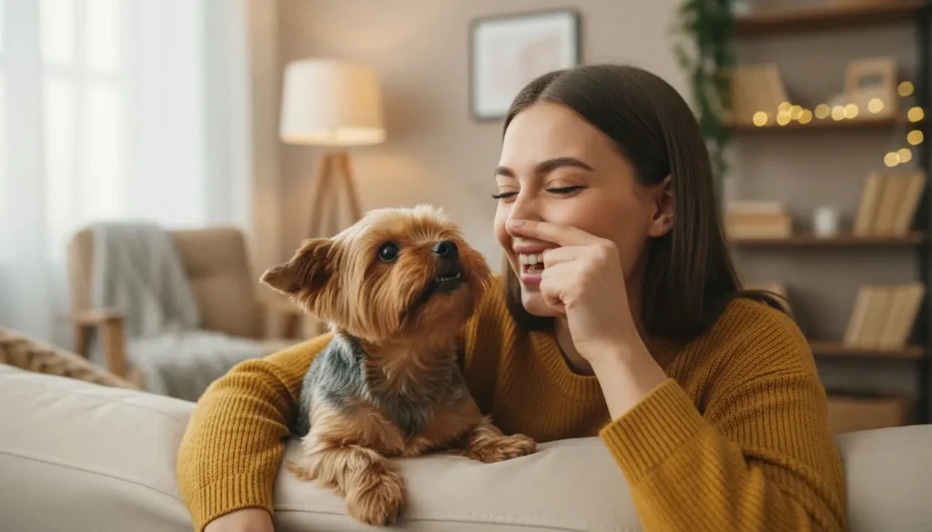 Small Yorkshire Terrier dog with bad fishy breath panting near its female owner's face on a cozy couch.