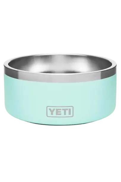 YETI Boomer premium stainless steel dog bowl in seafoam green for outdoor backyard hydration.