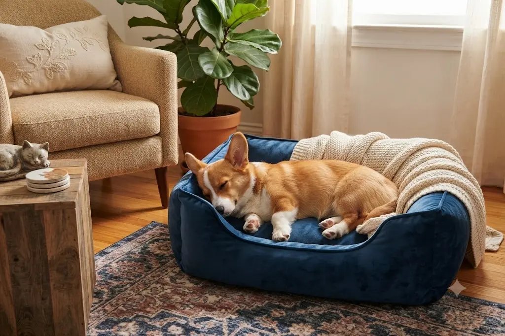A tricolor Pembroke Welsh Corgi puppy is sound asleep on its side inside a rectangular, navy-blue velvet dog bed. A soft, beige knitted throw blanket is draped over the back edge of the bed. The scene is a cozy living room with a linen armchair, a large potted plant, and a patterned rug in the background.
