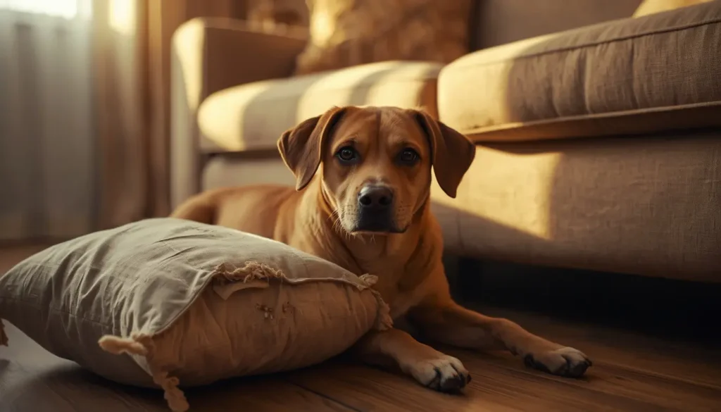 Dog showing signs of separation anxiety vs boredom near a chewed cushion at home
