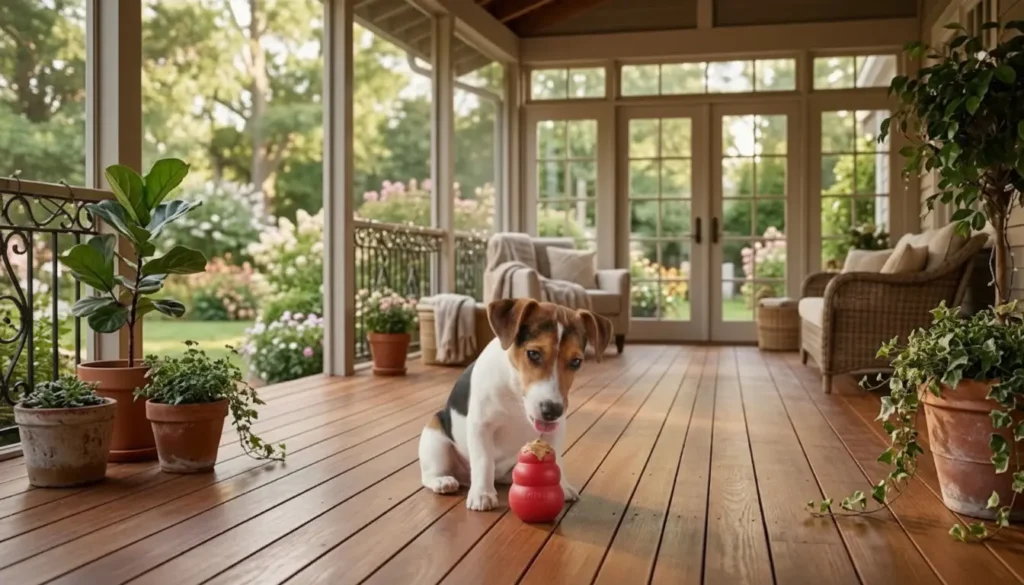 A cute Jack Russell Terrier puppy sitting on a wooden porch, actively licking peanut butter from a red Kong dog toy.