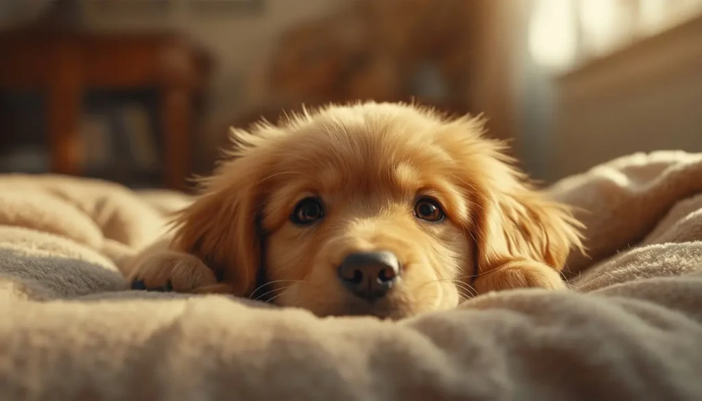 An adorable golden retriever puppy resting peacefully on a cozy blanket