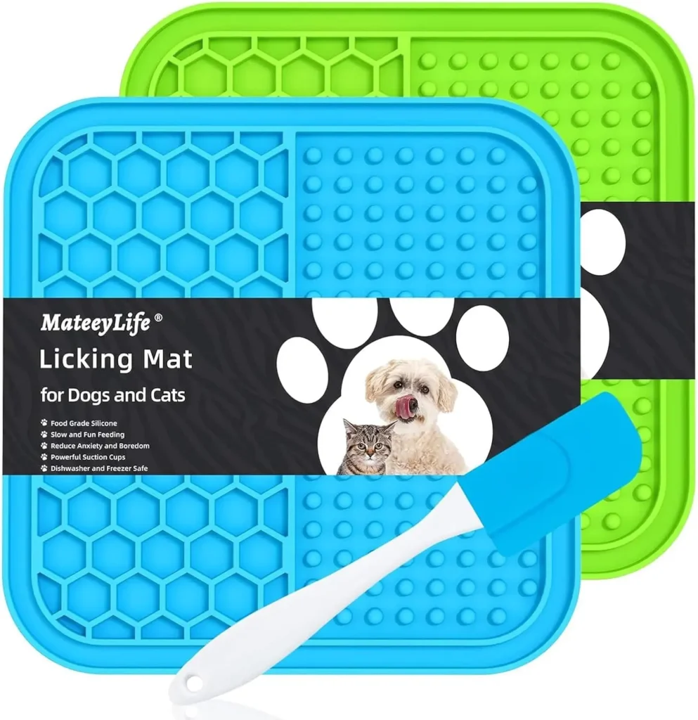 Blue silicone dog lick mat with peanut butter topping for calming anxious dogs.