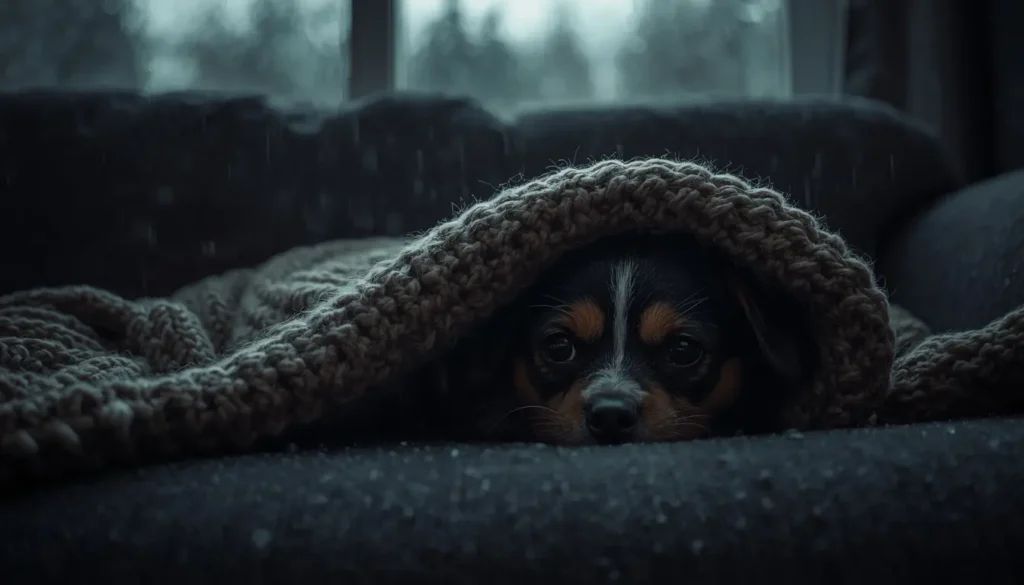 A small dog finding a safe hiding spot under a knitted blanket during a loud thunderstorm.