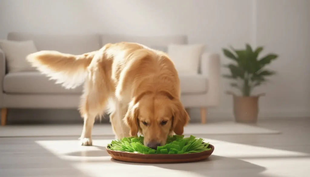 Dog using a puzzle feeder toy, an enrichment activity for bored dogs