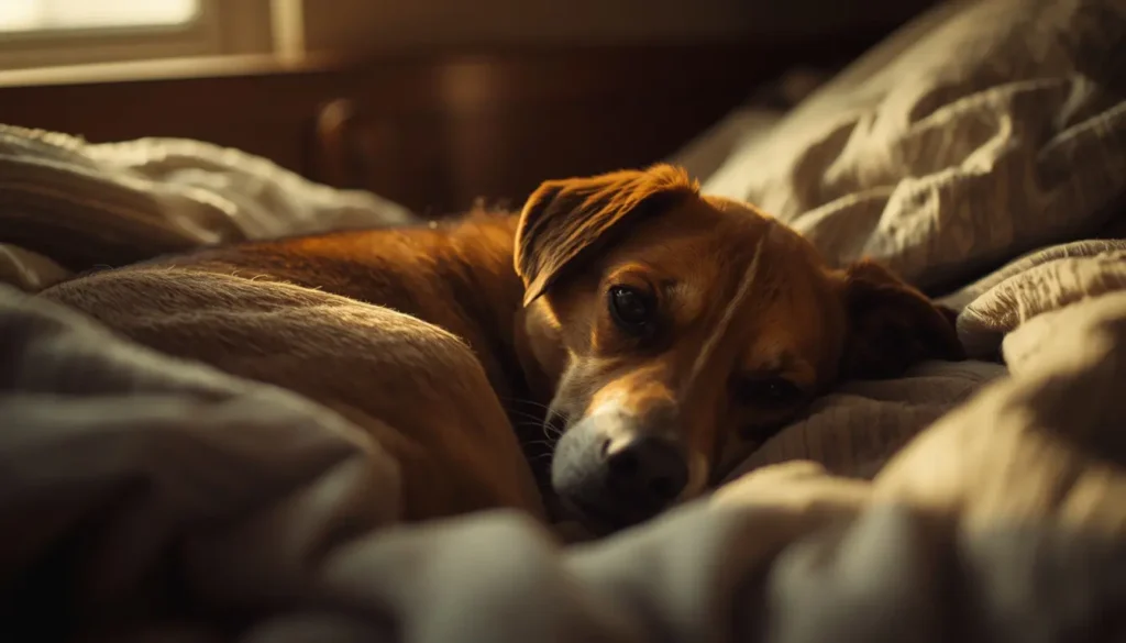 A small brown dog curled up on a bed looking sad, showing quiet signs of separation anxiety.