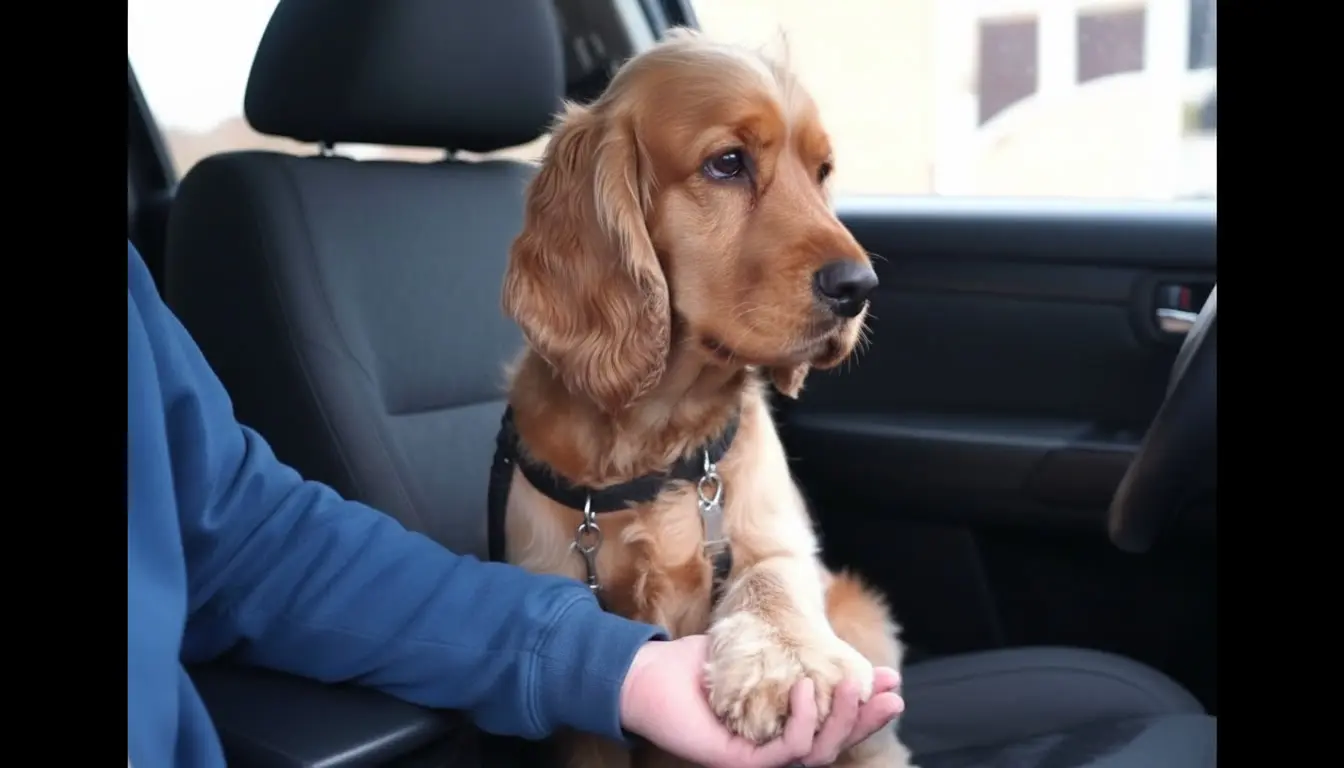 A worried golden Cocker Spaniel dog inside a car holding its owner's hand for comfort and safety.