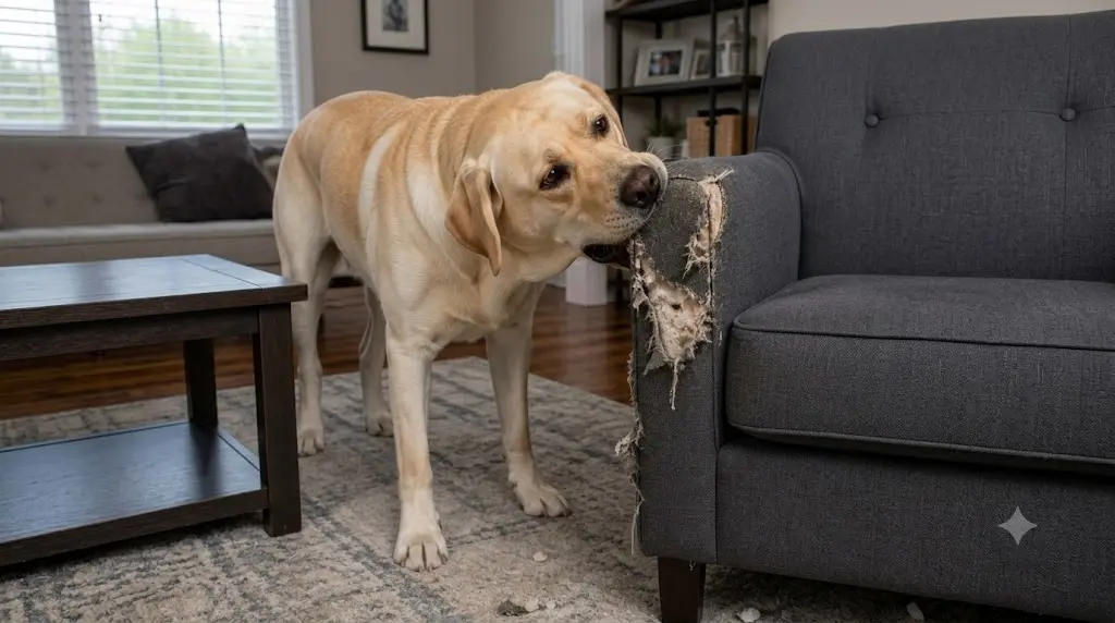 A yellow Labrador retriever chewing and destroying a grey living room chair due to separation anxiety.