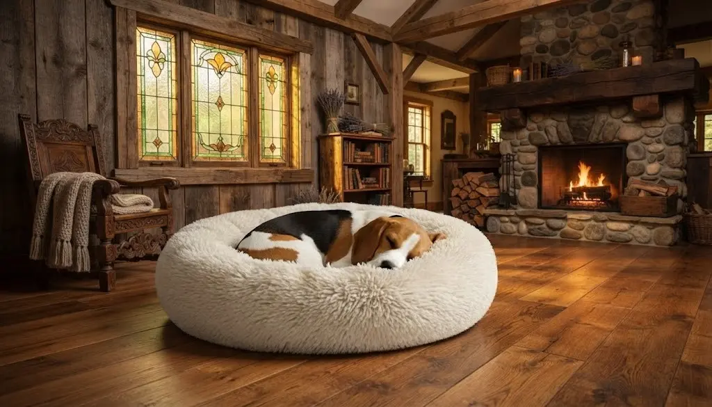 A cute beagle dog sleeping deeply in a plush calming donut bed on a hardwood floor near a warm fireplace.