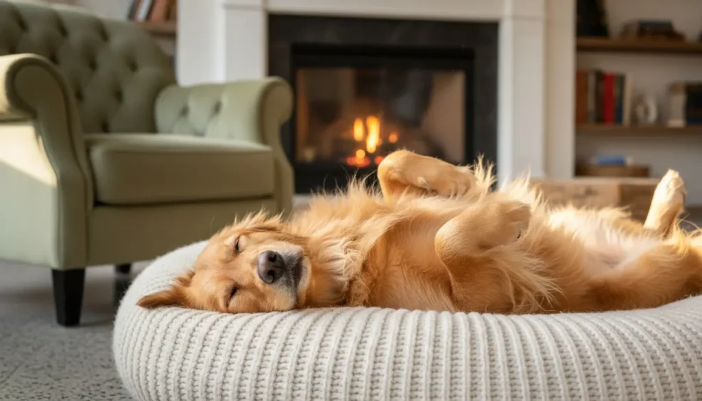 A happy golden retriever sleeping deeply on its back, illustrating the true dog sleeping positions meaning of trust.