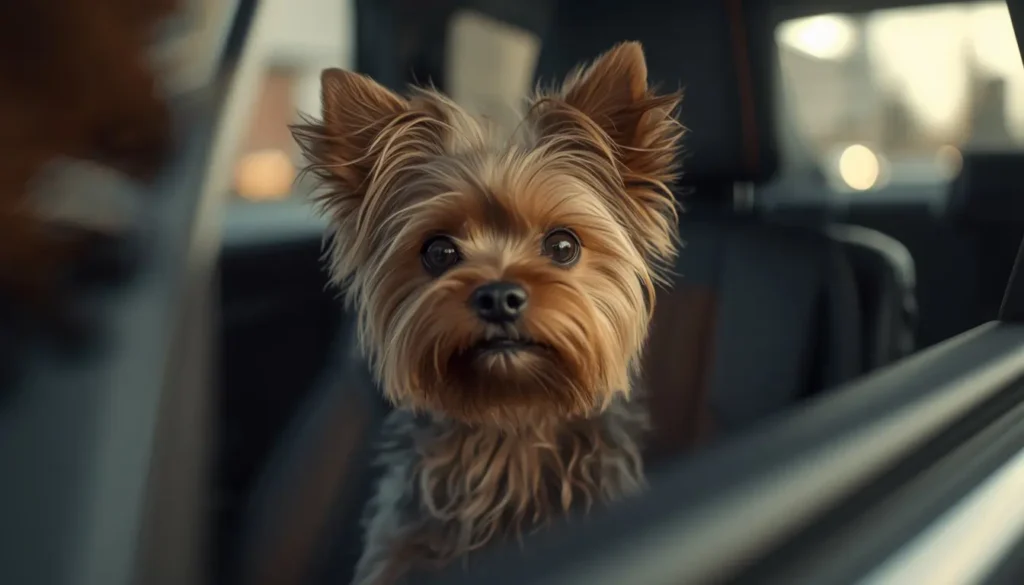 Close-up of a scared puppy with wide eyes sitting on a car passenger seat looking nervous.