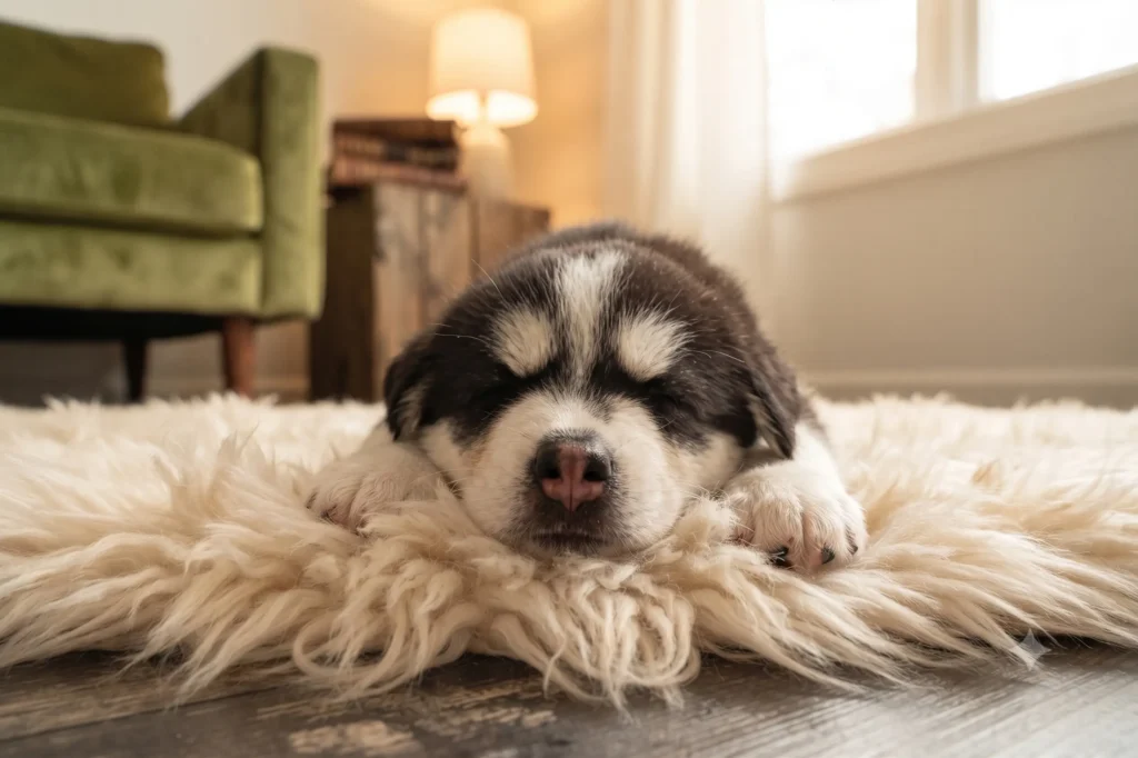 A Siberian Husky puppy sleeping on a thick, fluffy cream-colored rug. The puppy is facing the camera with eyes closed, paws extended. A blurred green sofa and lamp are in the background.