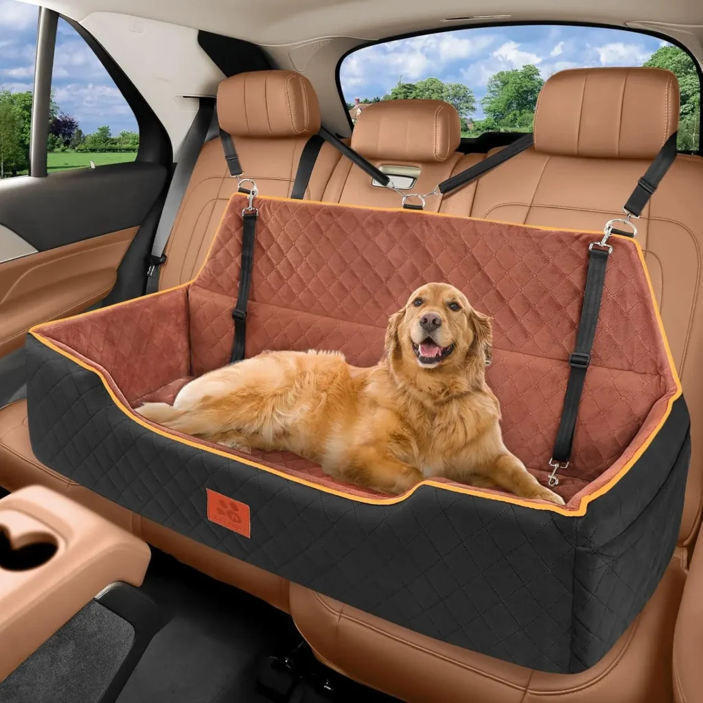 Happy Golden Retriever resting peacefully on a large black and brown XIEEAOZEE dog car seat spanning the back seat.
