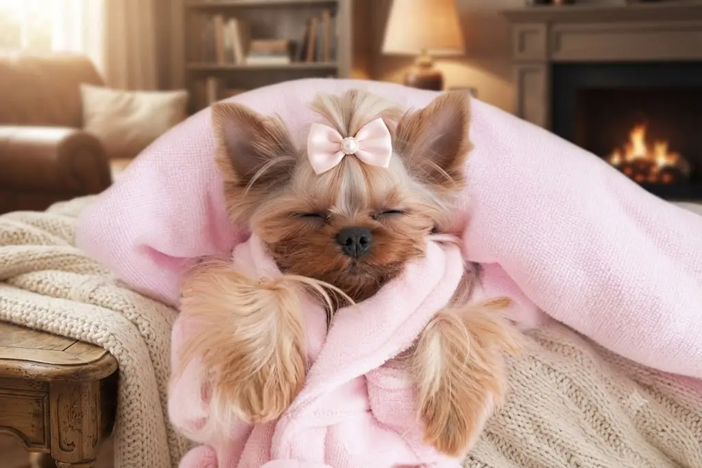 An adorable Yorkshire terrier puppy sleeping peacefully wrapped in a soft pink blanket by a warm fireplace indoors.