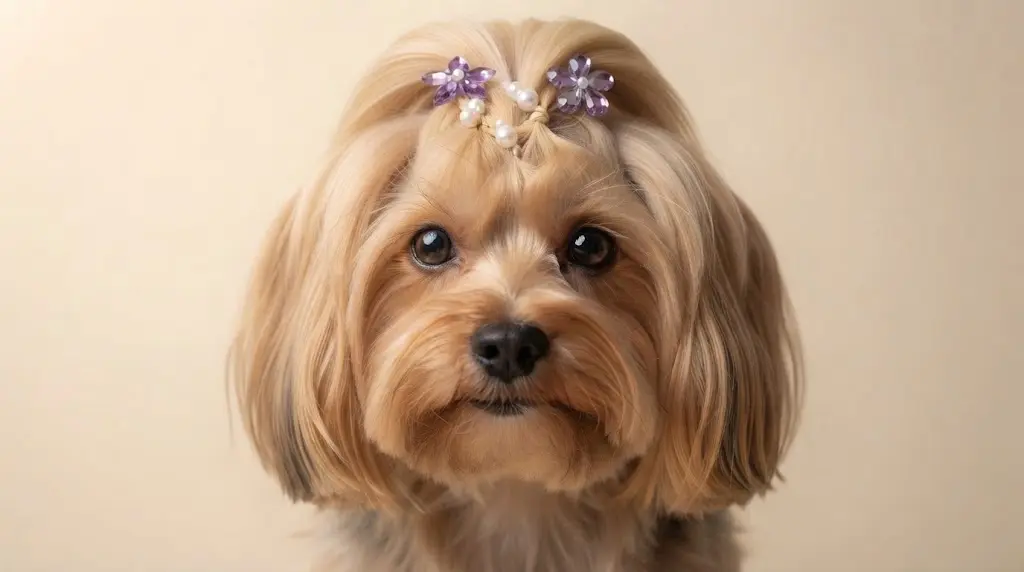 Close-up portrait of an adorable Yorkshire Terrier dog with a symmetric topknot and purple flower hair clips, looking directly at the camera.