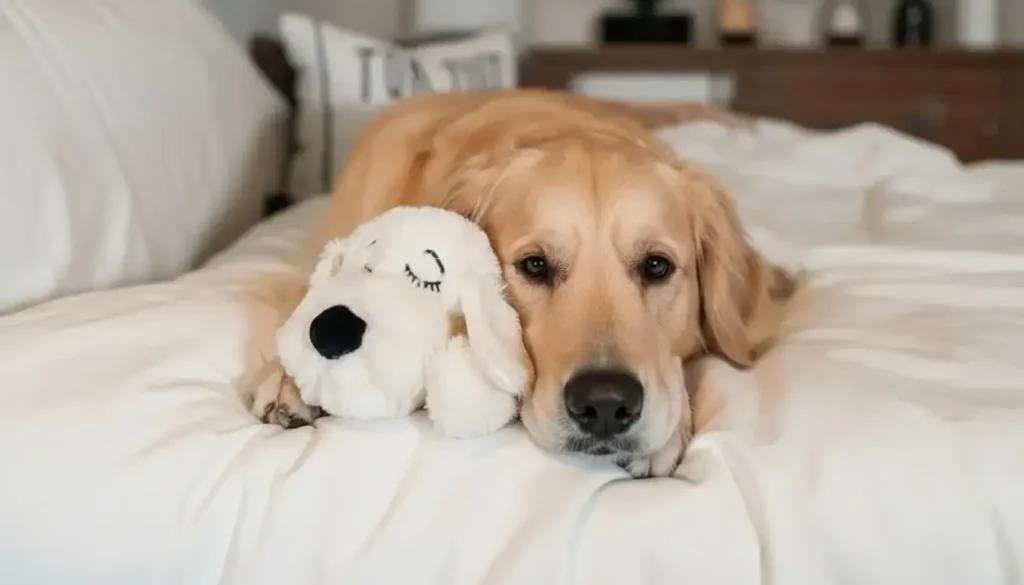 Golden retriever dog resting peacefully next to a white plush dog toy, featured in our dog body language guide.