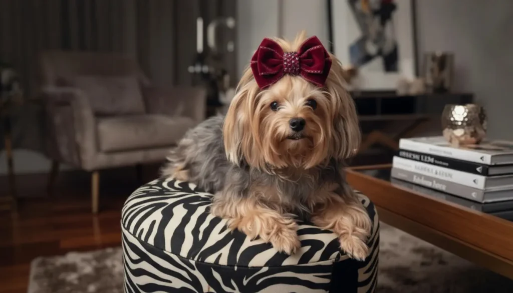 Bella, a sweet Yorkshire Terrier wearing a red bow, sitting comfortably. She is the lovely inspiration behind the Dog in Focus blog.