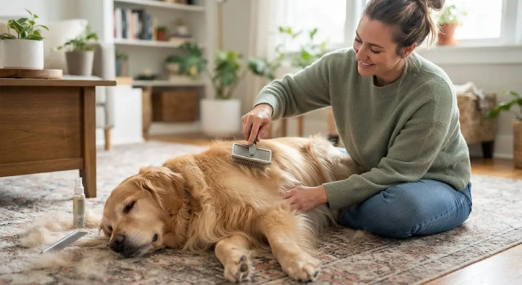 A dog being gently brushed with a deshedding tool to control loose fur