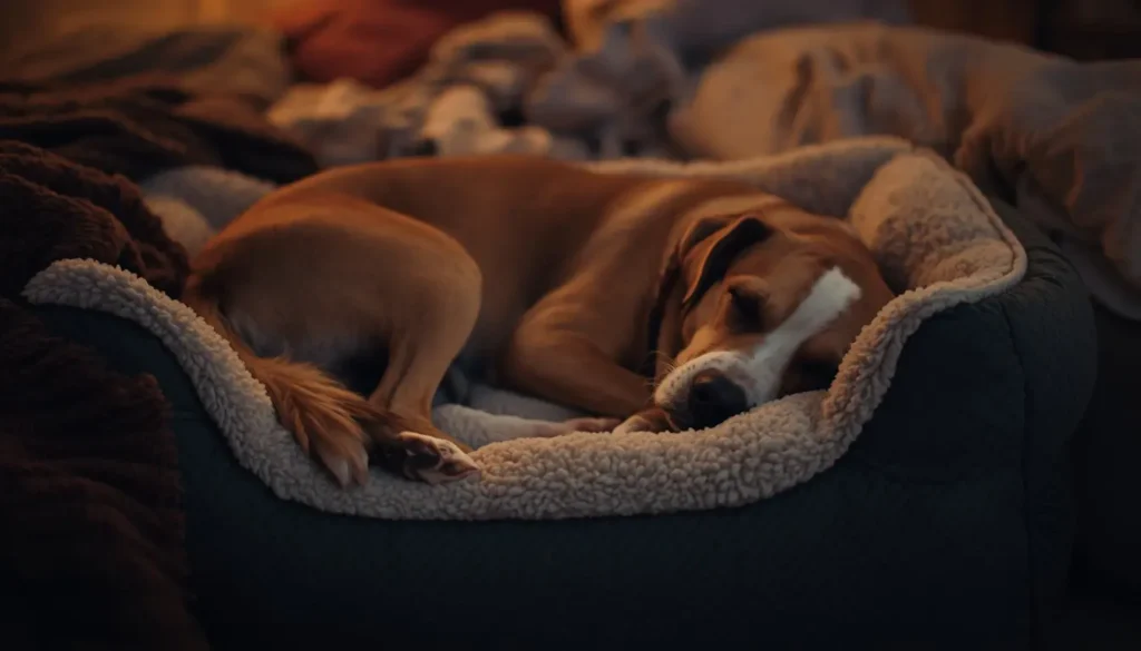 peaceful dog sleeping comfortably on bed at night