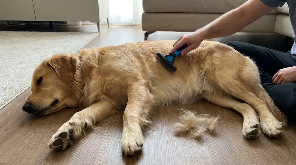 A golden retriever resting fully visible on the floor with all four paws showing while being gently brushed with an undercoat rake to help manage shedding