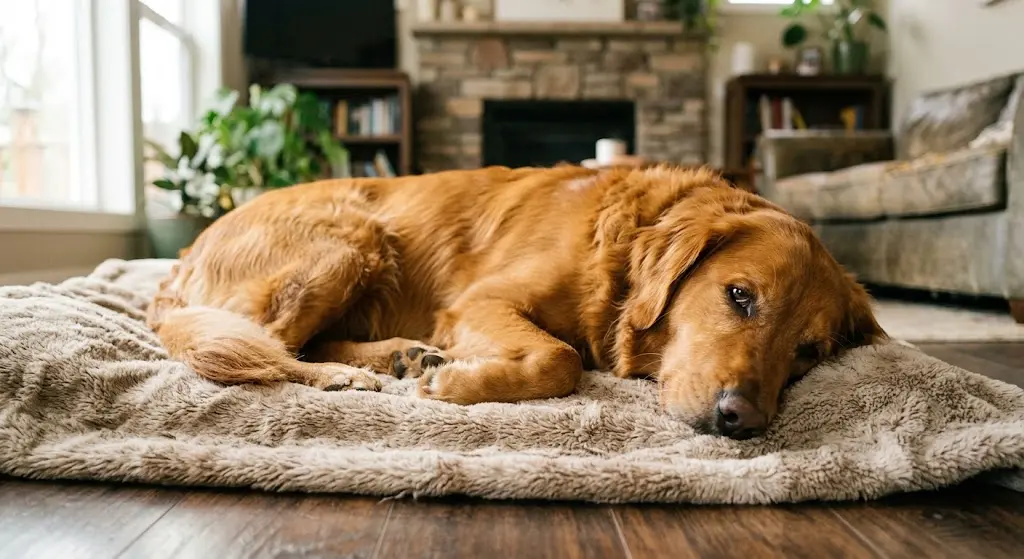 A peaceful dog sleeping on a cozy rug with eyes slightly open showing normal canine sleep behavior
