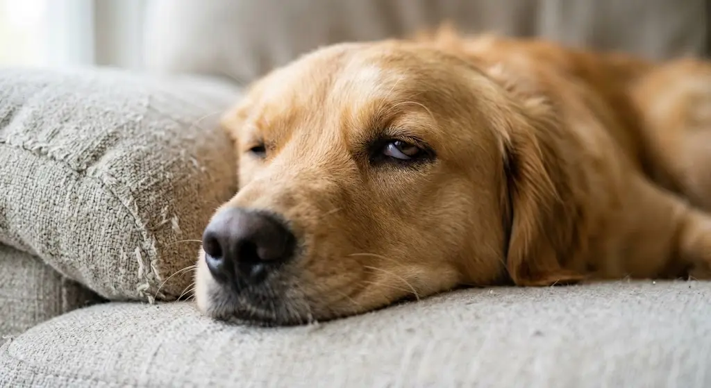 A peaceful dog sleeping with eyes open on a cozy sofa cushion